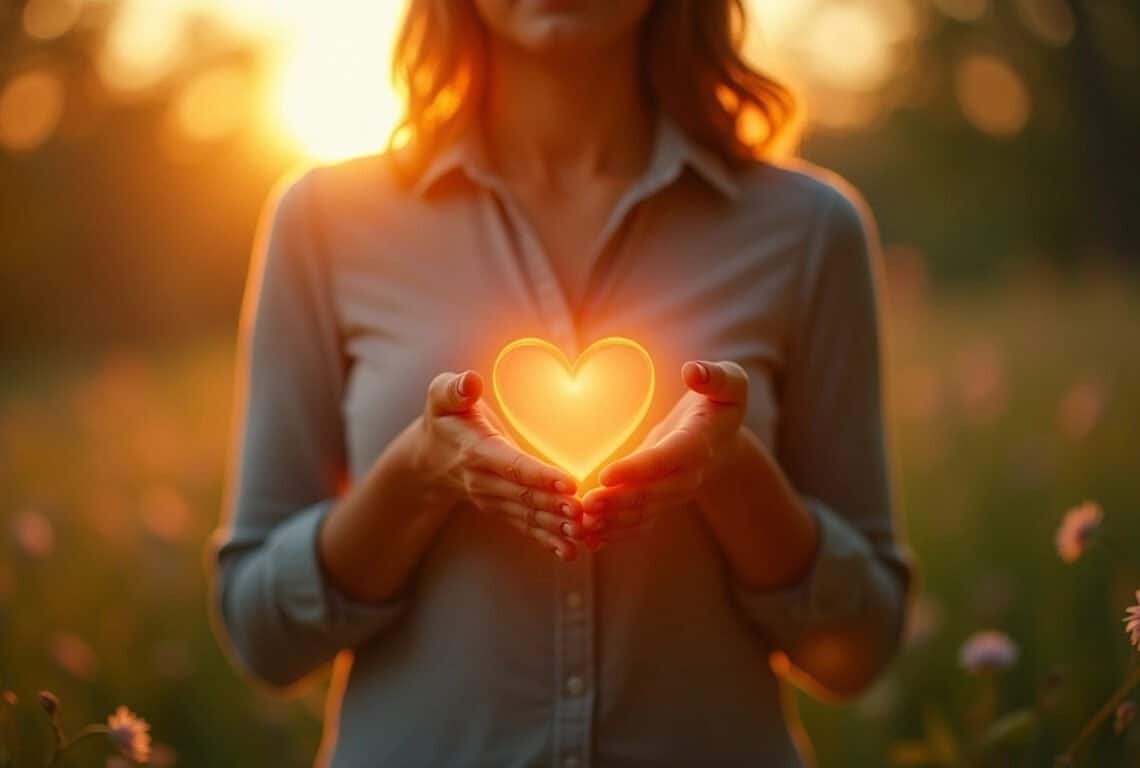 Lumiere doree rayonnant de la poitrine vue de dos - coeur symbolique emotions