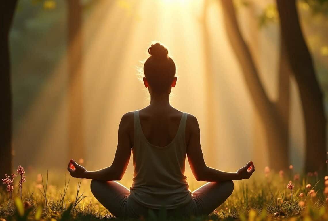 Body scan traumatismes : guérir en profondeur 1 Personne en méditation body scan dans une forêt lumineuse — méditation body scan traumatismes