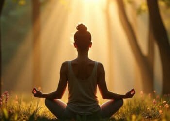 Personne en méditation body scan dans une forêt lumineuse — méditation body scan traumatismes