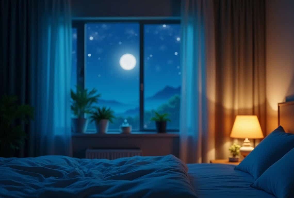 Chambre baignée de lumière lunaire la nuit — insomnie symbolique pensées
