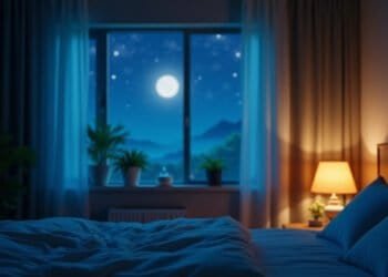 Chambre baignée de lumière lunaire la nuit — insomnie symbolique pensées