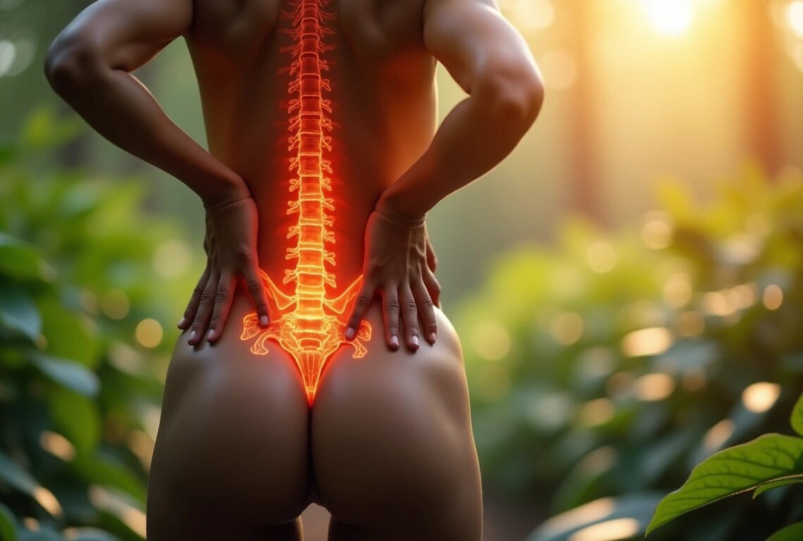 Lumière naturelle sur vertèbres lombaires entourées de végétaux — sciatique symbolique peur