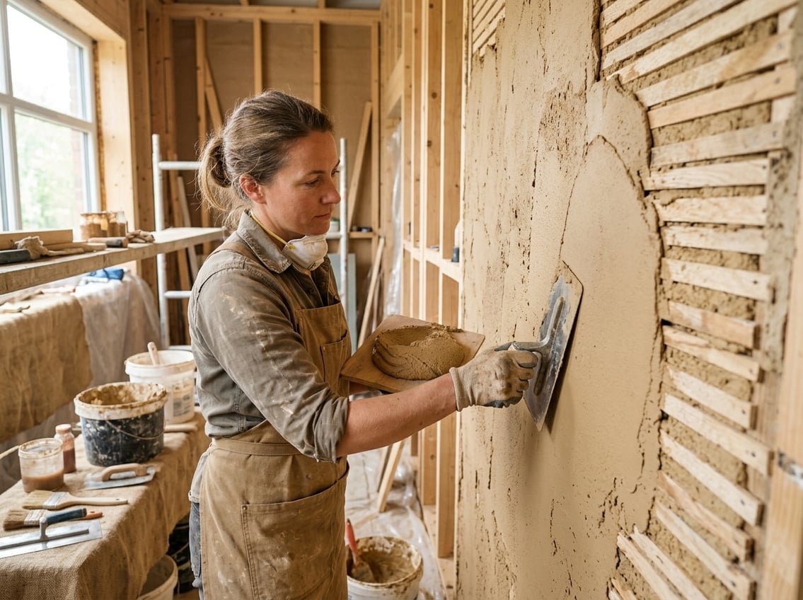 Enduits Terre & Chaux : Choisir les Bonnes Finitions 2 Un artisan applique un enduit naturel à la chaux et terre sur un mur avec des outils traditionnels dans un chantier bien organisé.