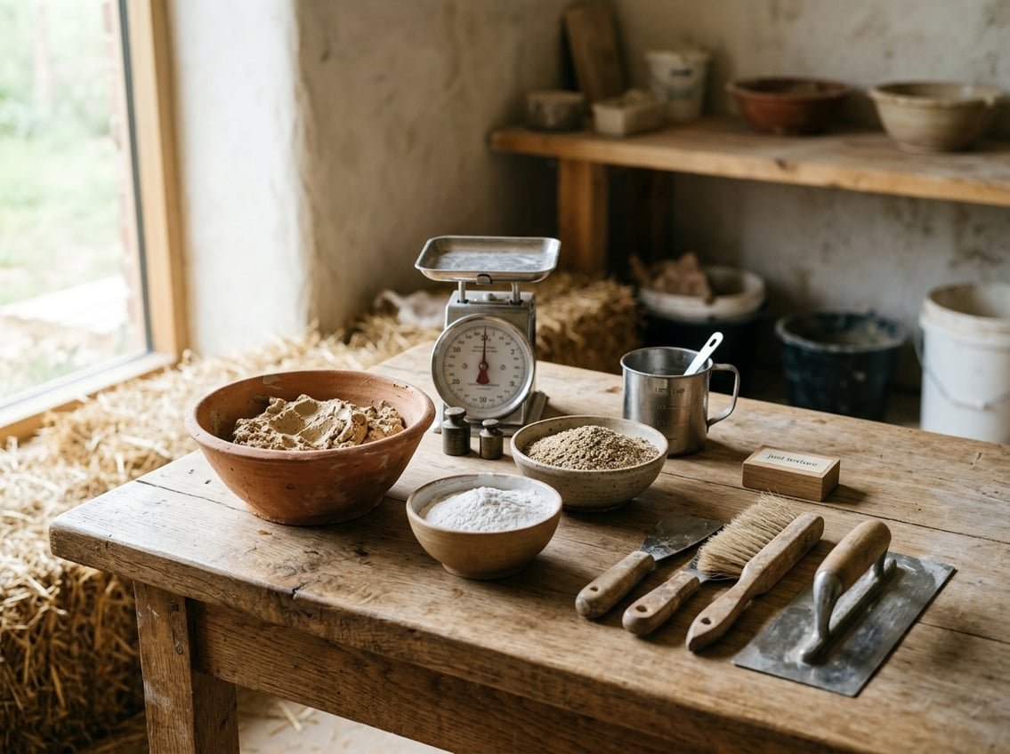 Enduits Terre & Chaux : Choisir les Bonnes Finitions 3 Matériaux naturels et outils pour enduits terre et chaux posés sur une table en bois.