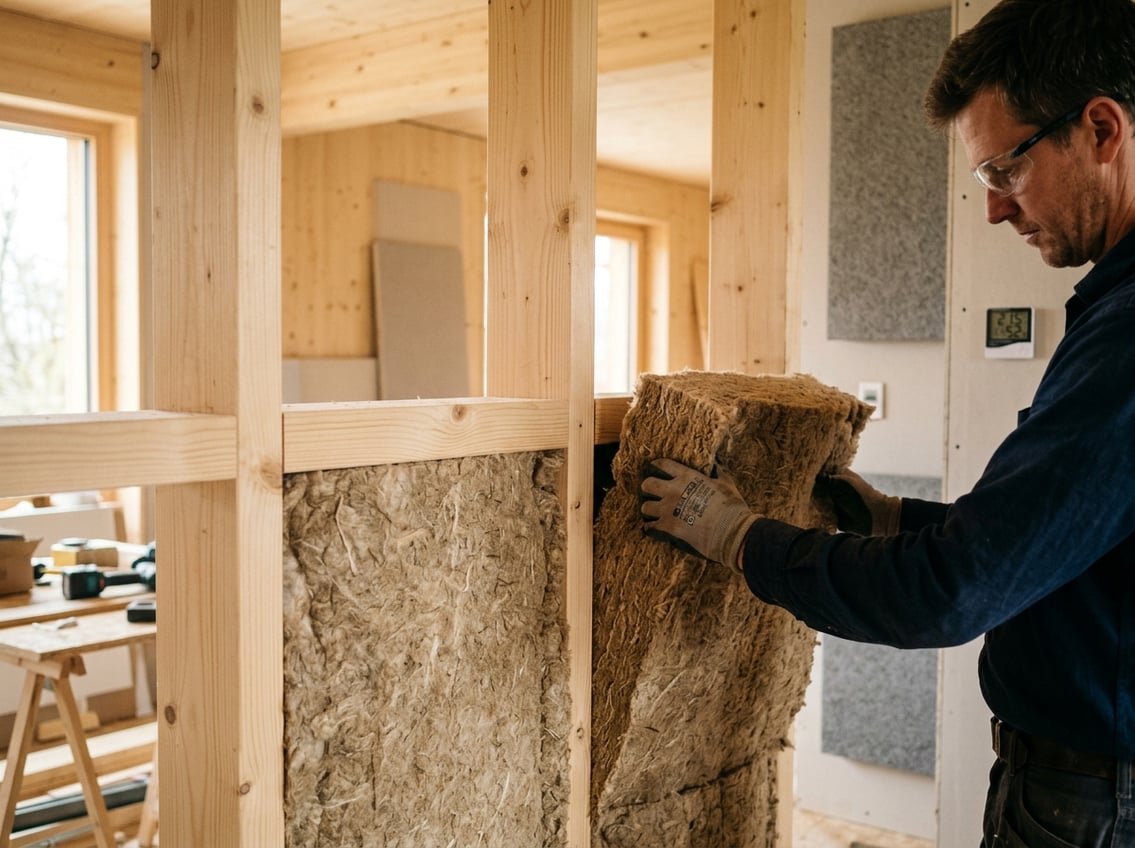 Isolation Naturelle : Le Chanvre en Pratique 2 Isolation en chanvre naturelle installée dans une cloison en bois, avec des éléments évoquant la chaleur, l'humidité et l'acoustique.