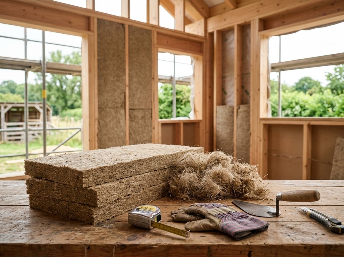 Isolation Naturelle : Le Chanvre en Pratique 3 Matériaux d'isolation en chanvre naturels présentés sur une surface en bois avec des outils de construction et une structure murale en bois partiellement construite en arrière-plan.