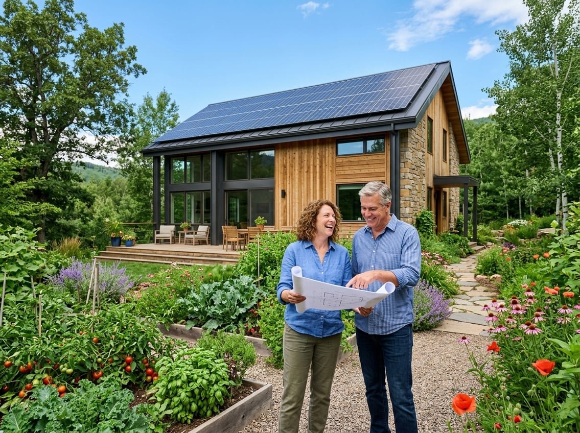 Ma Maison Bio M'a Coûté Moins Cher Qu'une Maison Standard 2 Un couple souriant devant une maison écologique moderne entourée de verdure et de panneaux solaires.