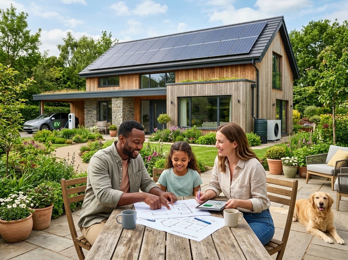Ma Maison Bio M'a Coûté Moins Cher Qu'une Maison Standard 3 Une famille devant une maison écologique moderne avec panneaux solaires, discutant des plans et du budget dans un jardin verdoyant.