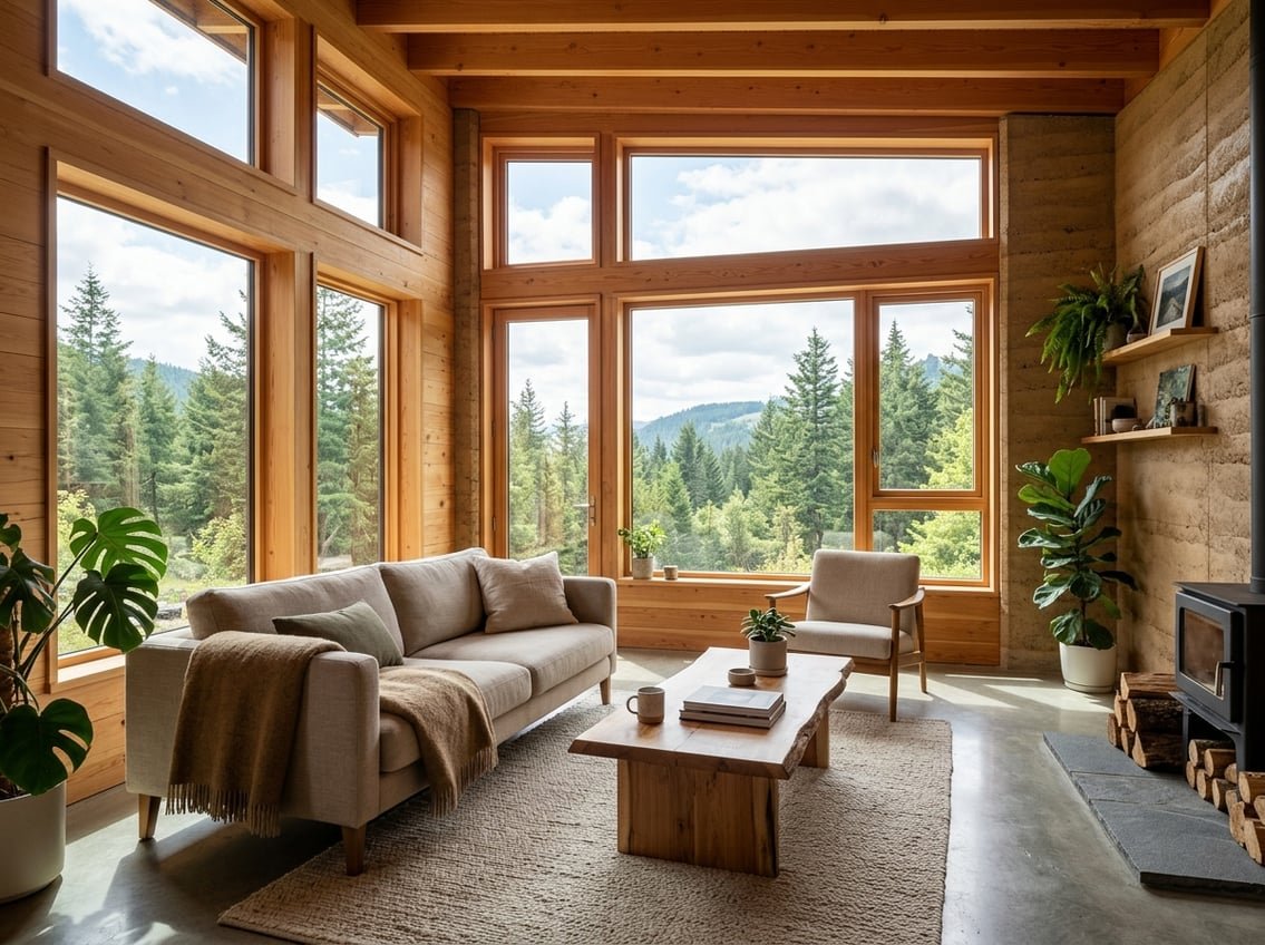 Ma Maison Bio M'a Coûté Moins Cher Qu'une Maison Standard 4 Intérieur lumineux d'une maison moderne avec de grandes fenêtres, matériaux naturels et une ambiance confortable et épurée.