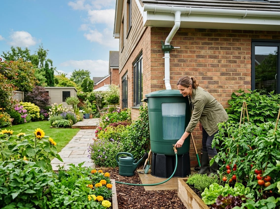 Récupération d’Eau de Pluie 2 Un jardin avec un récupérateur d'eau de pluie relié à une maison, une personne ajuste un robinet sur le baril entouré de plantes vertes et un potager.