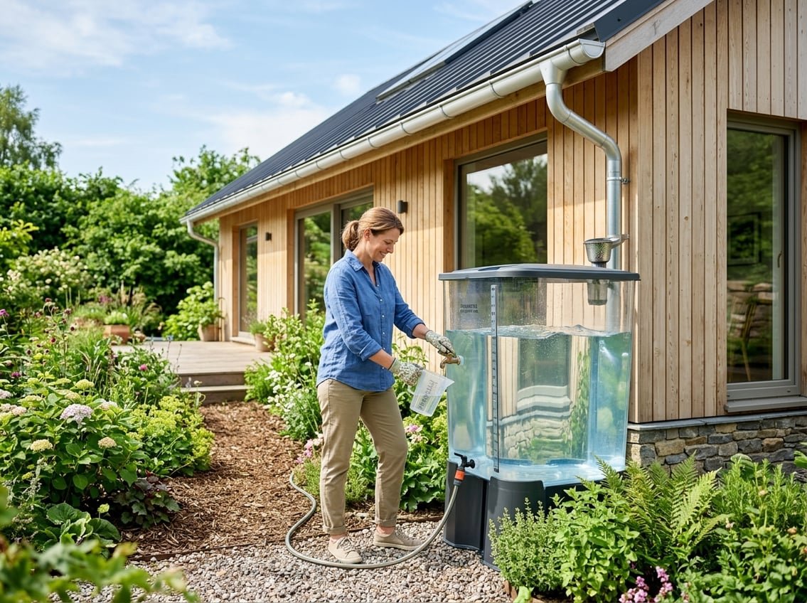 Récupération d’Eau de Pluie 3 Une personne vérifie un système de récupération d'eau de pluie installé sur une maison entourée de verdure par une journée ensoleillée.