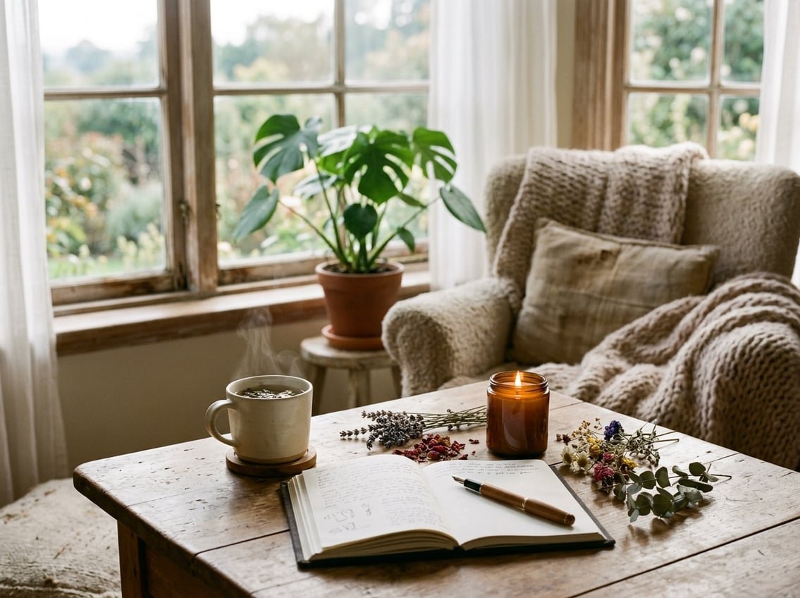 Slow Living : 10 Rituels pour Ralentir Sans Culpabiliser 2 Une table en bois près d'une fenêtre avec une tasse de thé fumante, un journal ouvert, une bougie allumée et une plante verte, dans une ambiance calme et lumineuse.