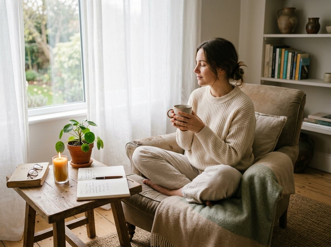 Slow Living : 10 Rituels pour Ralentir Sans Culpabiliser 4 Personne assise dans un salon lumineux, buvant une tasse de thé avec un journal ouvert et une bougie allumée sur une table, dans une ambiance calme et apaisante.