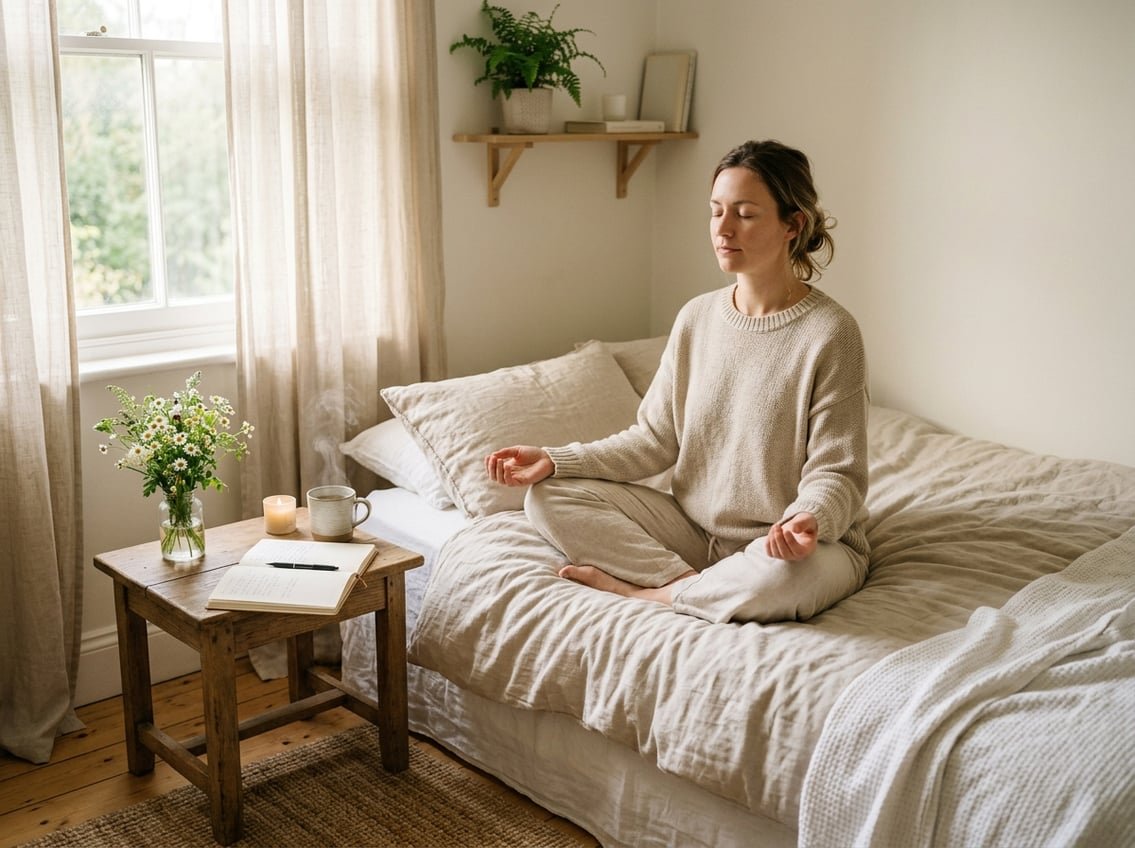 Slow Living : 10 Rituels pour Ralentir Sans Culpabiliser 3 Une personne assise en tailleur sur un lit dans une chambre lumineuse, méditant paisiblement avec une tasse de thé et un journal sur une table à côté.