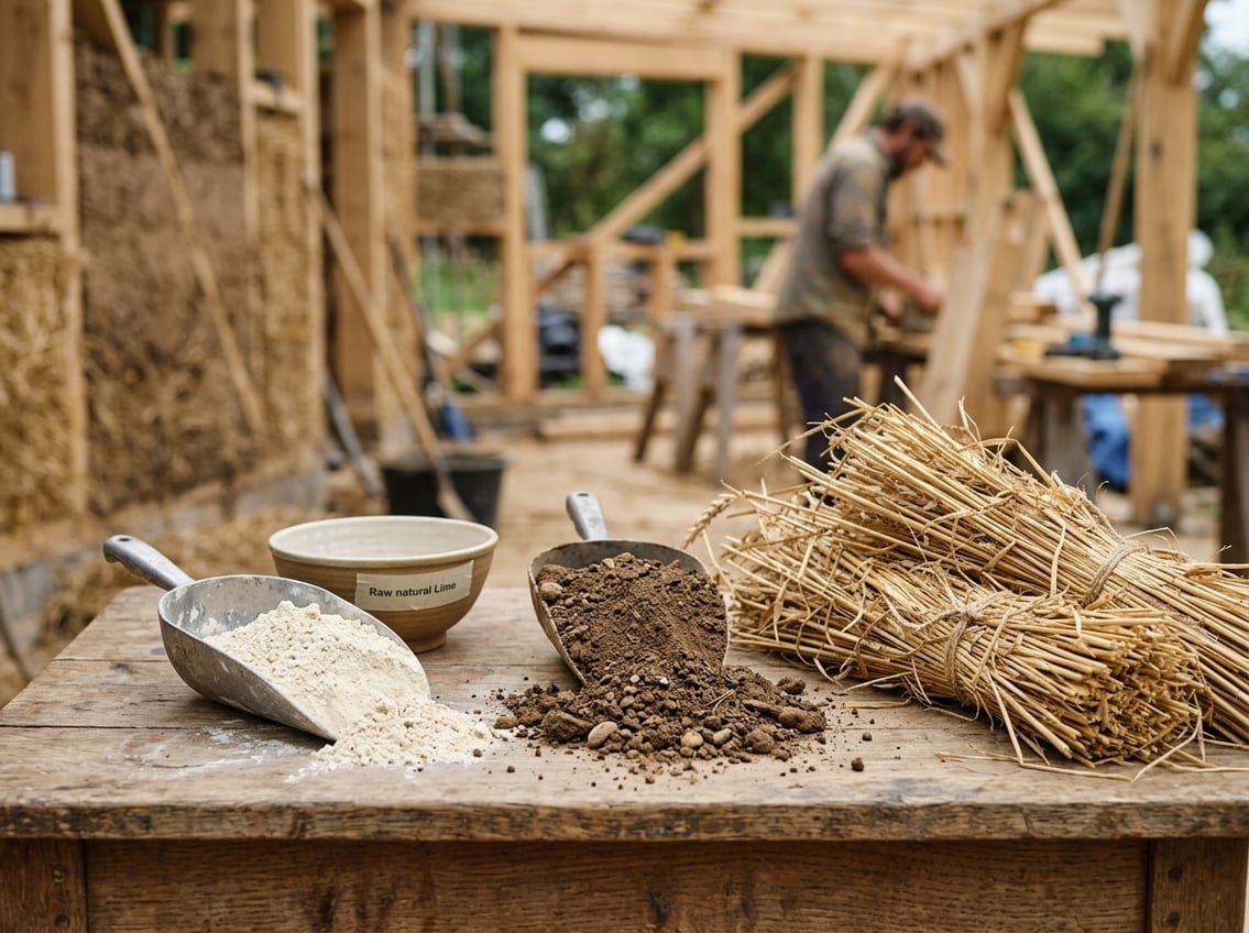 Chaux, Terre, Paille : Guide Débutant Essentiel 2 Échantillons de chaux, terre et paille disposés sur une table en bois avec un chantier de construction écologique en arrière-plan.