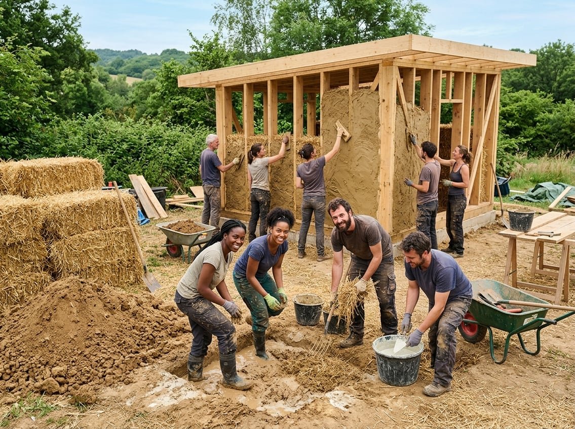 Chaux, Terre, Paille : Guide Débutant Essentiel 3 Un groupe de personnes travaillant ensemble sur un chantier en plein air utilisant de la chaux, de la terre et de la paille pour construire une structure écologique.