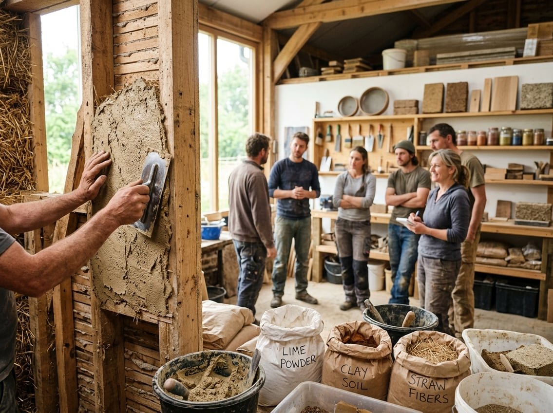 Chaux, Terre, Paille : Guide Débutant Essentiel 4 Atelier d'éco-construction avec des mains appliquant un enduit naturel à base de chaux, terre et paille sur un mur en bois.