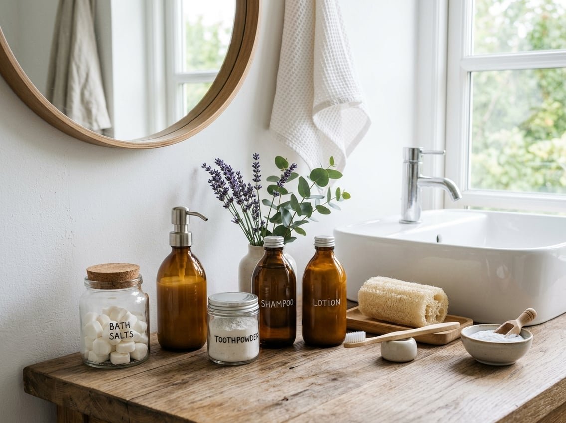 Zéro Déchet Dans la Salle de Bain : 8 Recettes Efficaces 2 Une salle de bain lumineuse avec des produits maison zéro déchet sur un comptoir en bois, incluant des bocaux en verre, des herbes fraîches, une brosse à dents en bambou et un miroir rond.