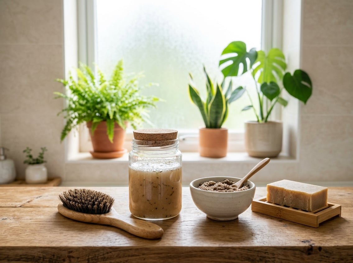 Zéro Déchet Dans la Salle de Bain : 8 Recettes Efficaces 3 Une salle de bain épurée avec des produits naturels zéro déchet disposés sur un comptoir en bois, comprenant un pot en verre, une brosse à cheveux, un bol en céramique et un savon, avec des plantes en arrière-plan.