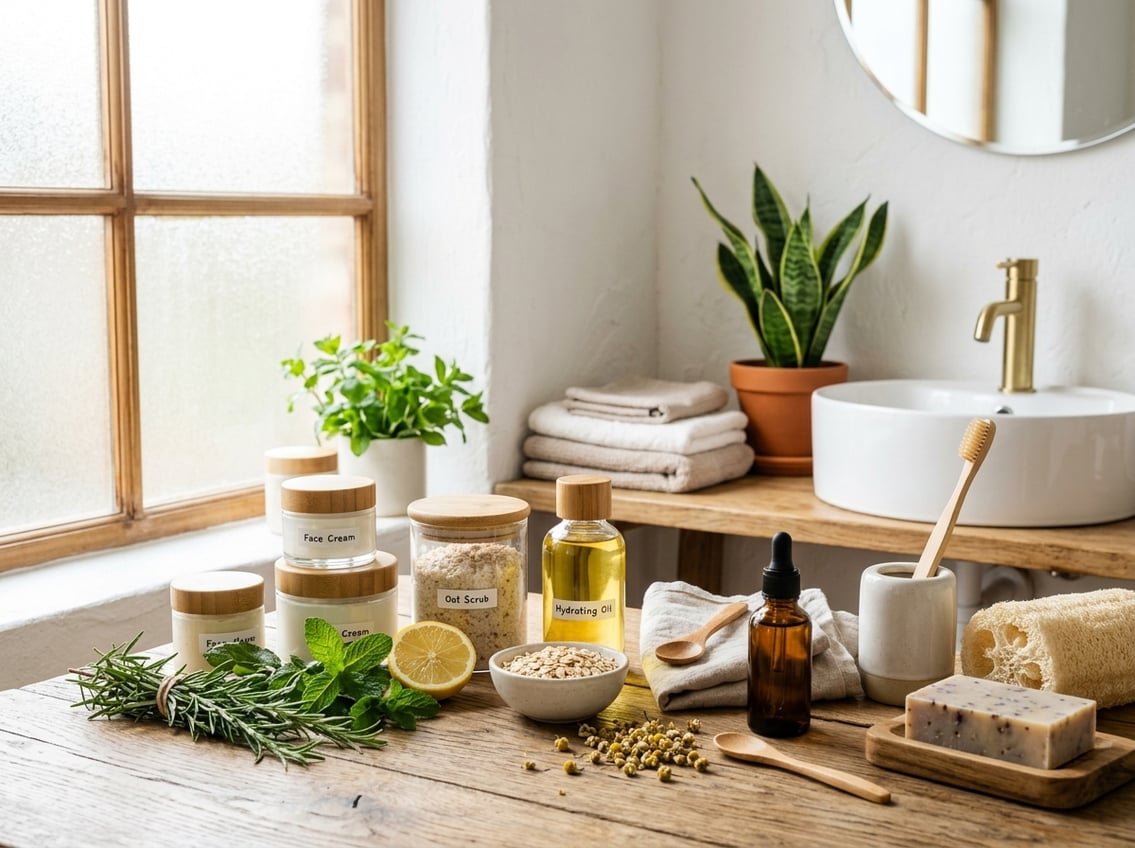 Zéro Déchet Dans la Salle de Bain : 8 Recettes Efficaces 4 Une salle de bain lumineuse avec des produits de soins faits maison dans des contenants réutilisables, entourés d'ingrédients naturels et d'objets écologiques.