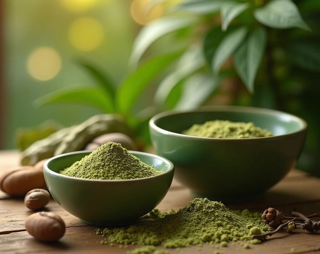 Bol dargile verte avec herbes botaniques sur surface en bois — argile verte utilisation