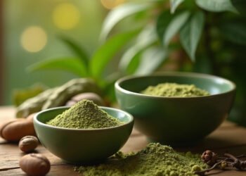 Bol dargile verte avec herbes botaniques sur surface en bois — argile verte utilisation
