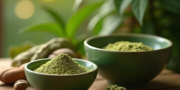 Bol dargile verte avec herbes botaniques sur surface en bois — argile verte utilisation