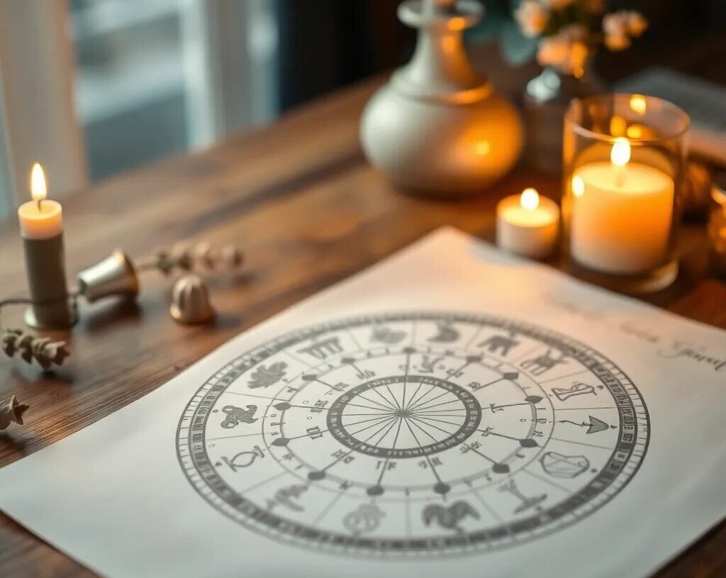 Roue zodiacale et carte astrale sur bureau en bois — ascendant astrologique