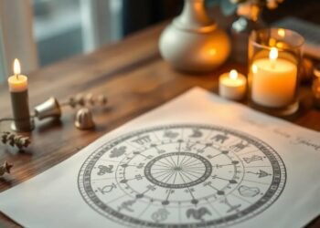 Roue zodiacale et carte astrale sur bureau en bois — ascendant astrologique