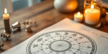 Roue zodiacale et carte astrale sur bureau en bois — ascendant astrologique