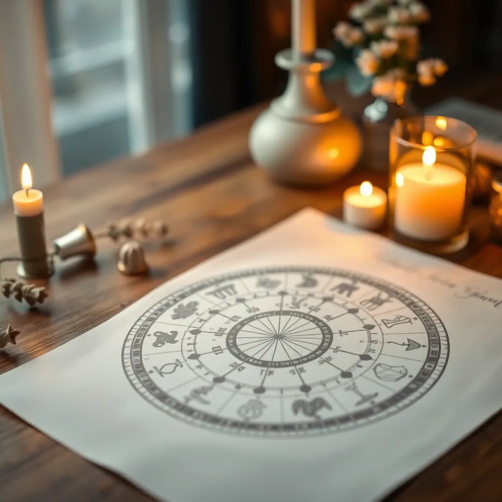 Roue zodiacale et carte astrale sur bureau en bois — ascendant astrologique