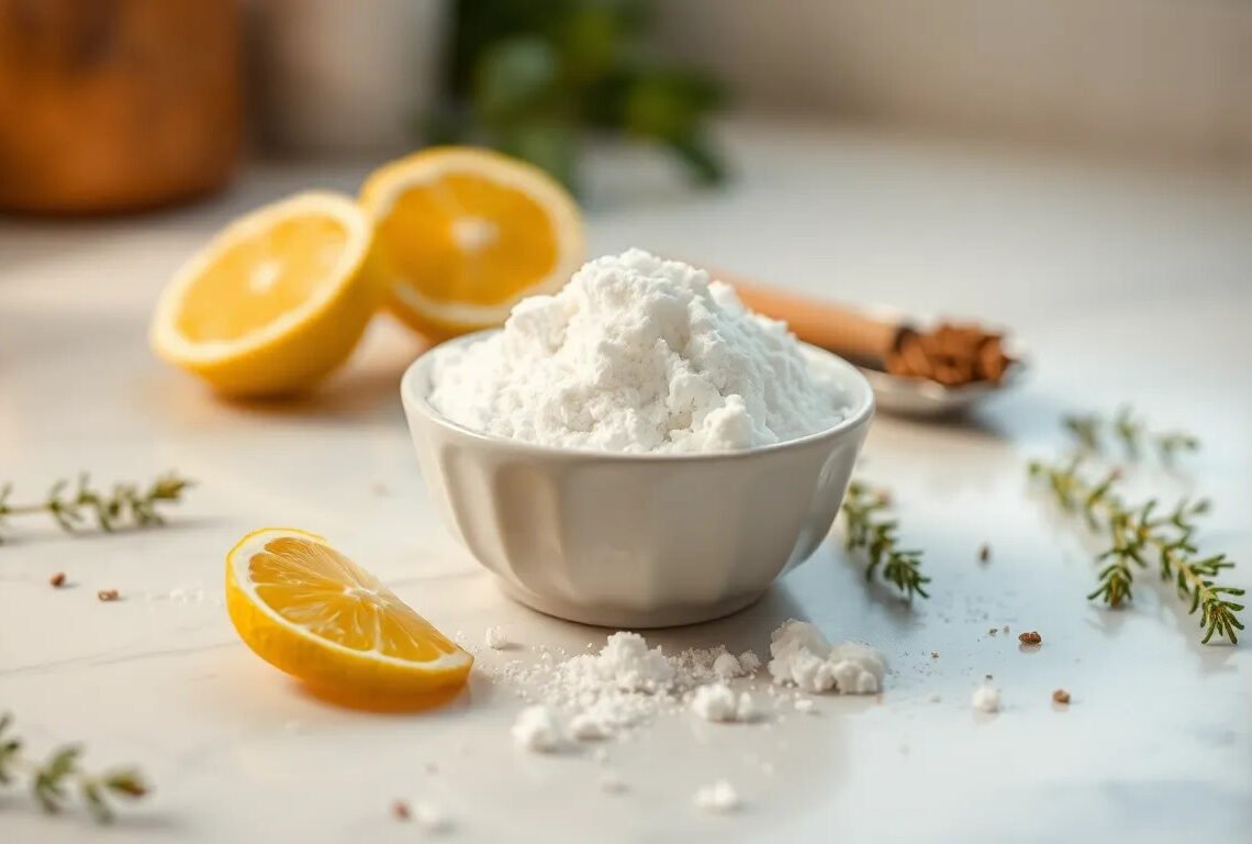 Bicarbonate de soude : 15 usages validés santé et maison 1 Bicarbonate de soude dans un bol blanc avec citron et herbes — bicarbonate de soude utilisation
