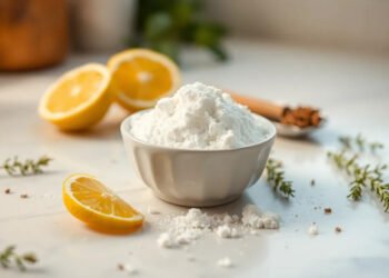 Bicarbonate de soude dans un bol blanc avec citron et herbes — bicarbonate de soude utilisation