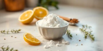 Bicarbonate de soude : 15 usages validés santé et maison 6 Bicarbonate de soude dans un bol blanc avec citron et herbes — bicarbonate de soude utilisation