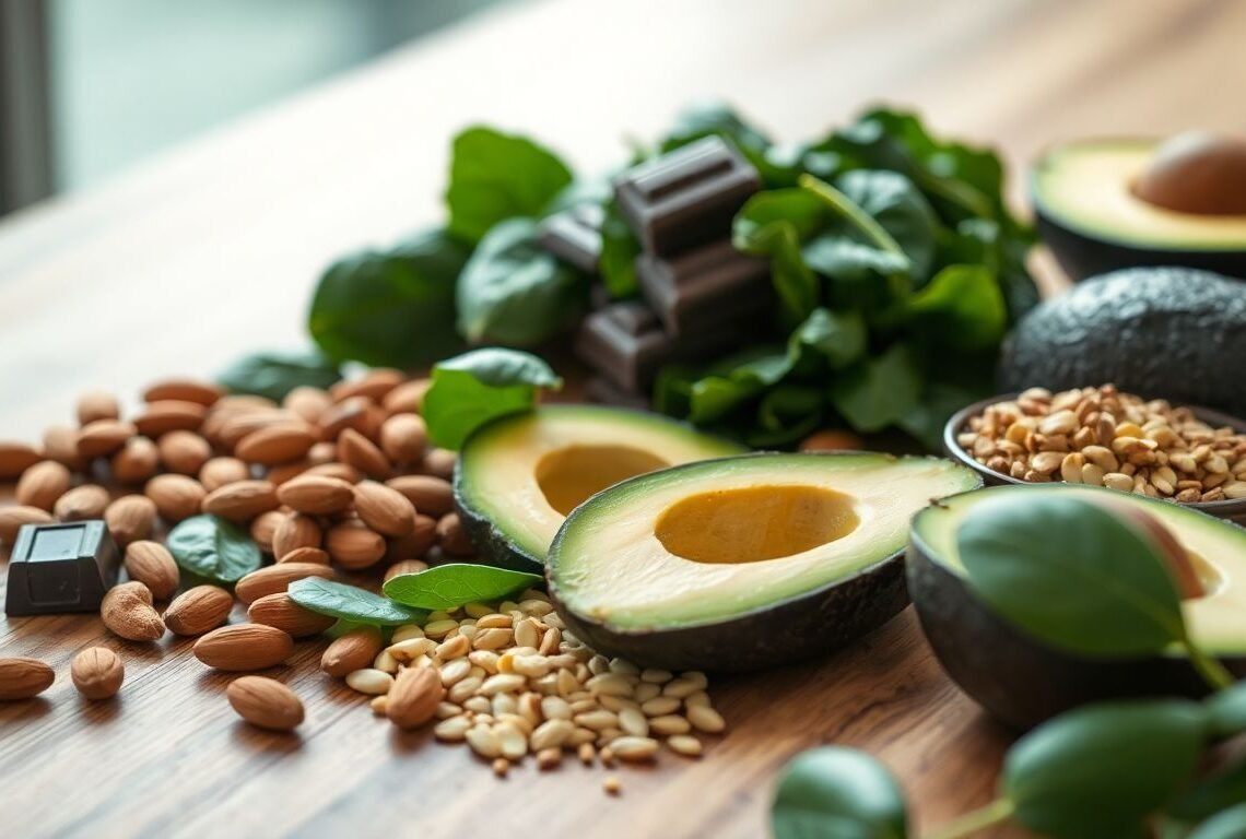 Aliments riches en magnésium (amandes, graines, chocolat noir, épinards) disposés sur une table en bois — carence en magnésium symptômes