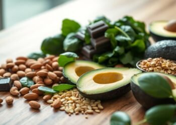 Aliments riches en magnésium (amandes, graines, chocolat noir, épinards) disposés sur une table en bois — carence en magnésium symptômes
