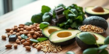Aliments riches en magnésium (amandes, graines, chocolat noir, épinards) disposés sur une table en bois — carence en magnésium symptômes