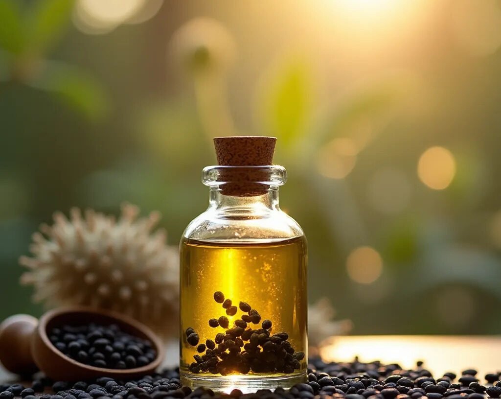 Huile de nigelle en flacon avec graines de nigelle éparpillées — huile de nigelle bienfaits