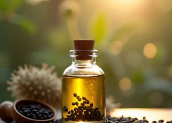 Huile de nigelle en flacon avec graines de nigelle éparpillées — huile de nigelle bienfaits