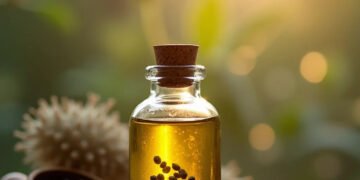 Huile de nigelle en flacon avec graines de nigelle éparpillées — huile de nigelle bienfaits