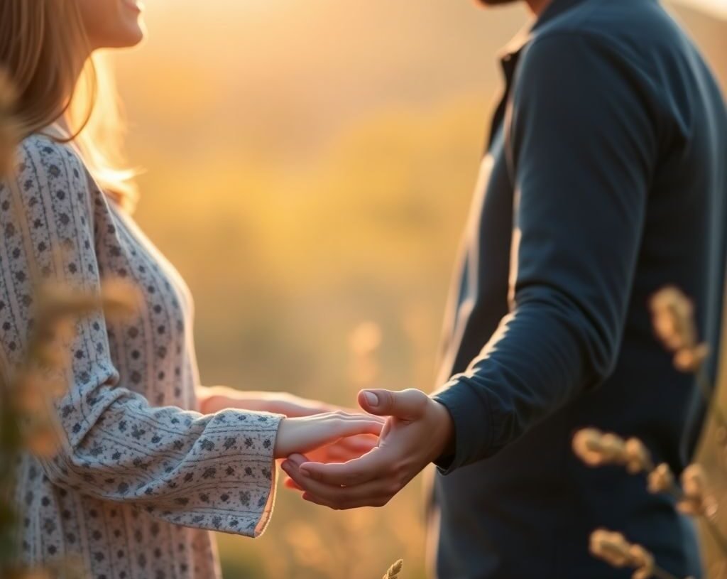 Jalousie en couple : comprendre et dépasser 1 Couple face à la jalousie, mains qui se tendent l'une vers l'autre dans la lumière dorée — jalousie couple