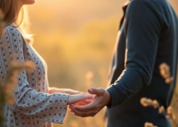 Couple face à la jalousie, mains qui se tendent l'une vers l'autre dans la lumière dorée — jalousie couple