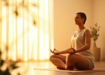 Méditation transcendantale en position lotus, lumière dorée — méditation transcendantale bienfaits