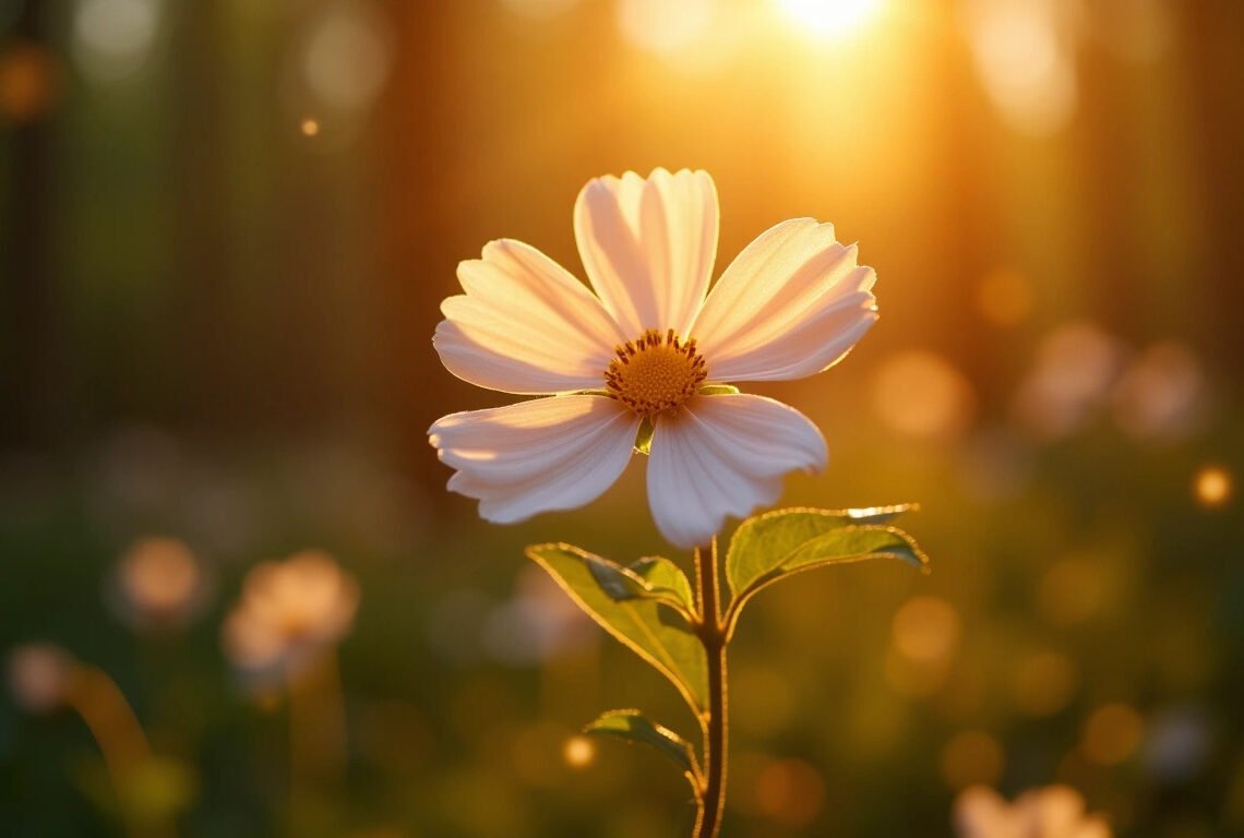 Blessures de l'âme : libère tes patterns 1 Fleur à cinq pétales symbolisant la guérison des blessures de l'âme, lumière dorée en forêt