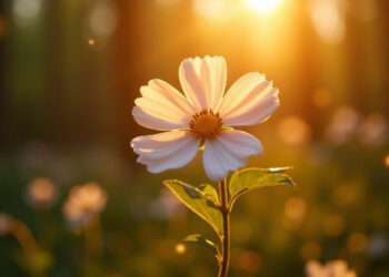 Fleur à cinq pétales symbolisant la guérison des blessures de l'âme, lumière dorée en forêt