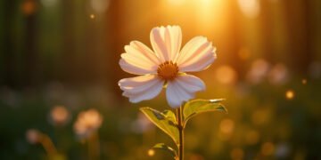 Blessures de l'âme : libère tes patterns 4 Fleur à cinq pétales symbolisant la guérison des blessures de l'âme, lumière dorée en forêt