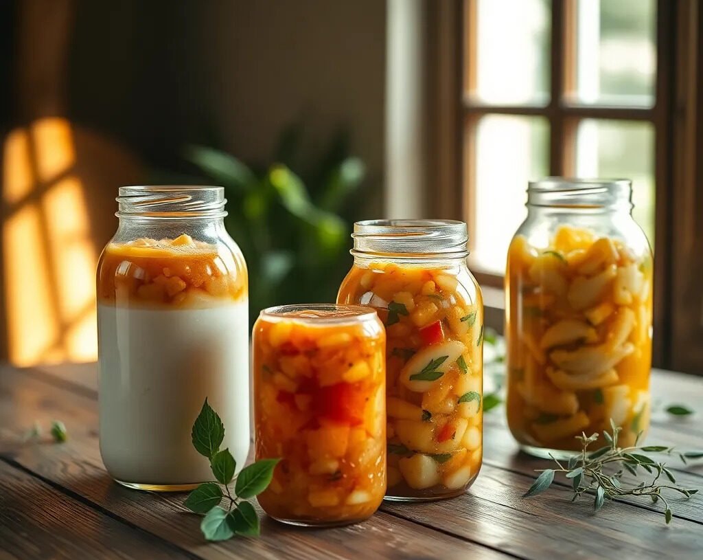 Probiotiques et microbiote : aliments fermentés essentiels 1 Aliments fermentés kéfir kombucha kimchi sur une table en bois — probiotiques microbiote