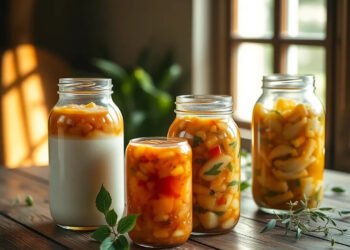 Aliments fermentés kéfir kombucha kimchi sur une table en bois — probiotiques microbiote