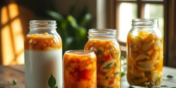 Probiotiques et microbiote : aliments fermentés essentiels 2 Aliments fermentés kéfir kombucha kimchi sur une table en bois — probiotiques microbiote