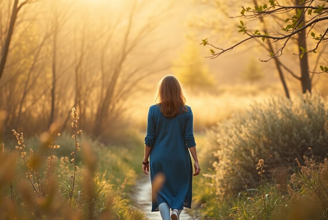 Rupture amoureuse : guérir et se reconstruire 1 Femme marchant seule dans la nature après une rupture amoureuse, lumière dorée apaisante — rupture amoureuse comment s'en remettre